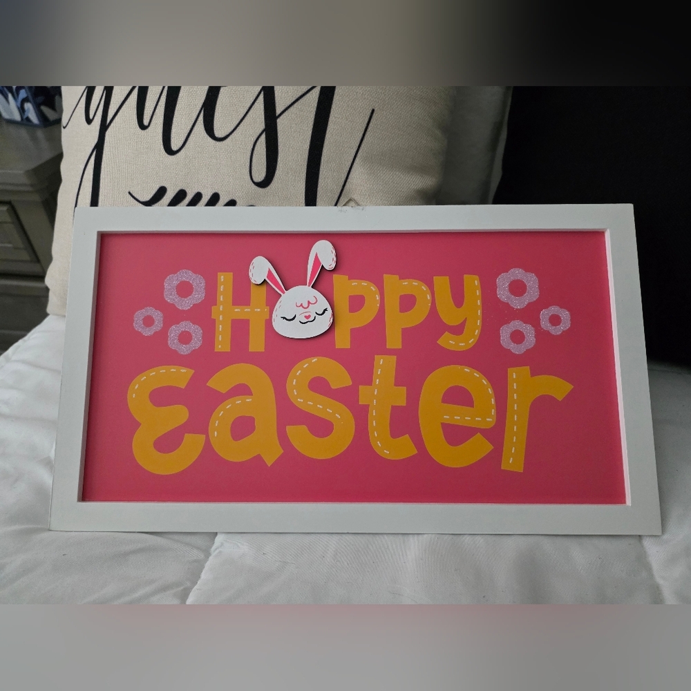Happy Easter- Wall Art-Bunny- Pink and Yellow 16x9